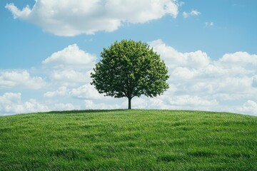 Obraz premium A Single Tree on a Green Hill with a Blue Sky and White Clouds