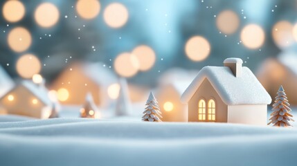 Snow covered village at dusk with glowing windows and soft bokeh lights creating a serene winter atmosphere.