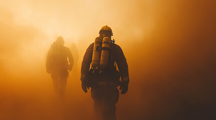 Three firefighters navigate through thick smoke, showcasing courage and resilience in emergency response situations against a dramatic background.