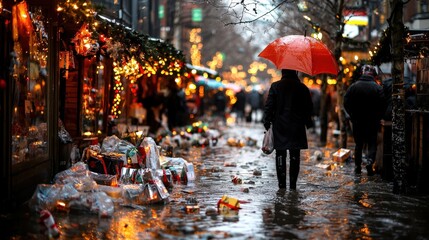 Obraz premium Rainy Market Scene with Colorful Lights and Reflections