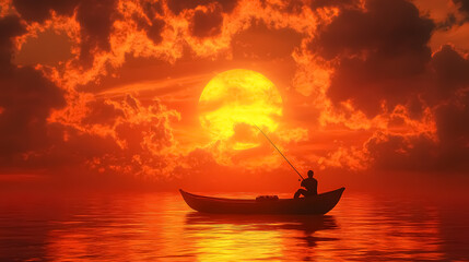 Obraz premium Fishing the Sun: A serene and peaceful scene of fishing with the sun setting in the background, creating a tranquil and reflective atmosphere.