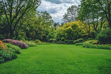 Lush Green Garden with Flower Beds and a Bench