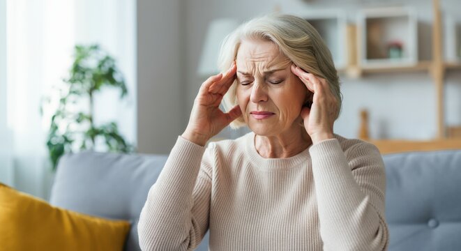 Elderly woman with a headache touching her temples