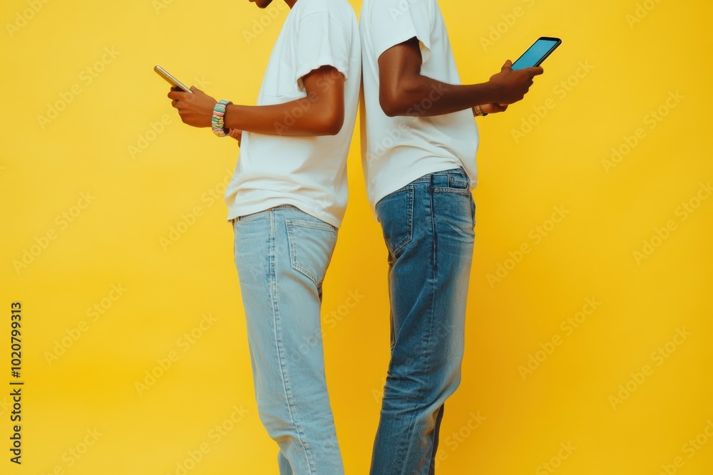 Wall mural two people using smartphones together