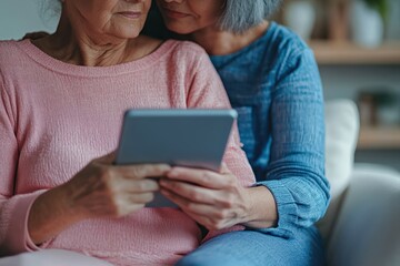 senior women using digital tablet together