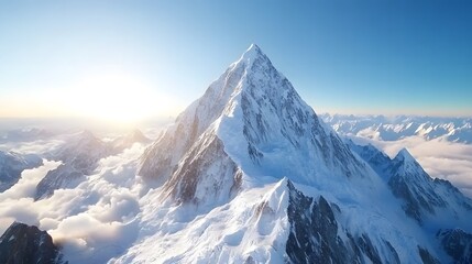 Fototapeta premium A majestic snow-capped mountain peak rises above clouds, illuminated by the warm glow of the sunrise against a clear blue sky.