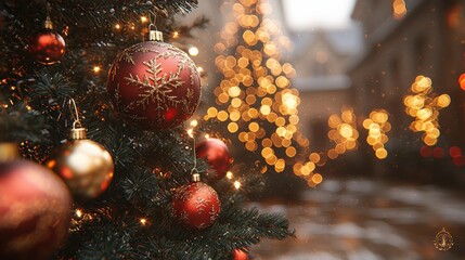 Christmas tree with cones on a city street illuminated with a garland.