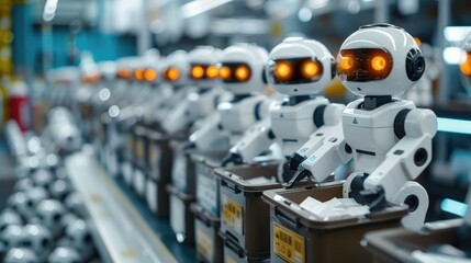 Obraz premium A row of humanoid robots efficiently working on an assembly line in a futuristic factory, showcasing automation, robotics, and advanced technology in industrial manufacturing