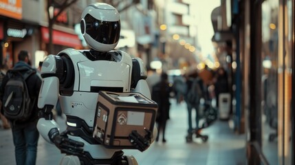 Fototapeta premium A humanoid robot carrying a package on a bustling city street, showcasing the future of urban logistics and automated delivery services