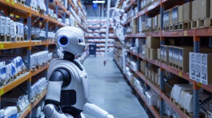 Obraz premium Humanoid robot working in a modern warehouse. A humanoid robot navigates through a warehouse filled with boxes and shelves, advanced automation and robotics in logistics and inventory management