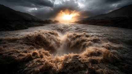 Naklejka premium Dramatic River Flow Under Sunset Clouds