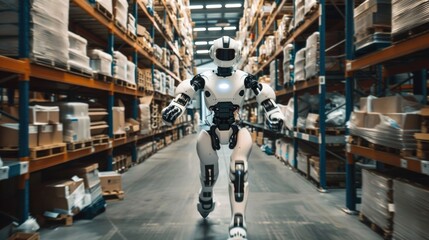 Obraz premium Humanoid robot working in a modern warehouse. A humanoid robot navigates through a warehouse filled with boxes and shelves, advanced automation and robotics in logistics and inventory management