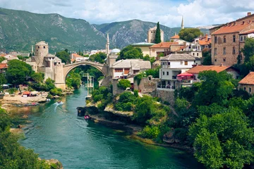 View of river Neretva and Old Bridge. Mostar, Bosnia and Herzegovina