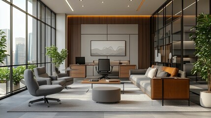 Modern Office Interior with City View and Leather Sofa