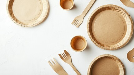 Brown paper plates and cups on white background. Perfect for showcasing sustainable, eco-friendly dining options.