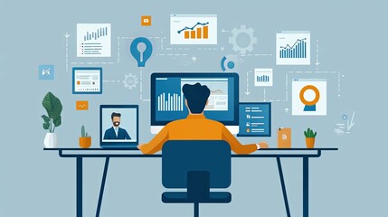 Businessman analyzing data on his computer, surrounded by charts, graphs, and icons.