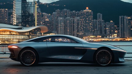 Sleek Gray Sports Car Parked with Cityscape Background
