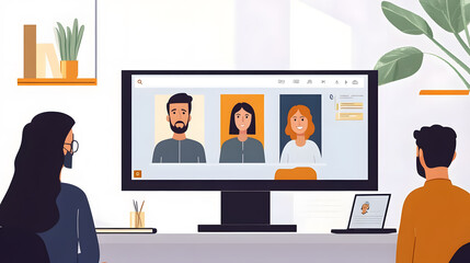 Four diverse business people and colleagues participating in a virtual team meeting on a video conference call. Social distance workers having a remote videoconference online chat. 