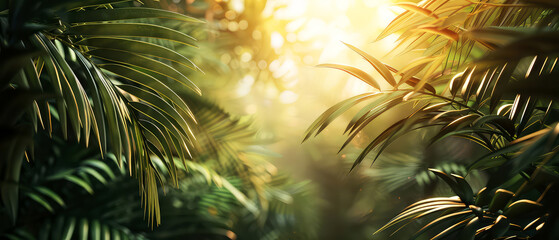 Close up of tropical palm leaves with warm sunlight at jungle forest. Green foliage botanical natural background. Rainforest. Exotic wallpaper. Generative ai	