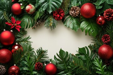 christmas in paradise, christmas banner adorned with tropical elements like bright ornaments and greens, bringing flair to holiday celebrations with space for text