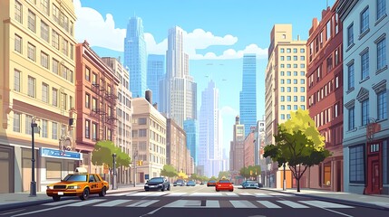 Fototapeta premium A vibrant city street with tall buildings, a yellow taxi, and a crosswalk