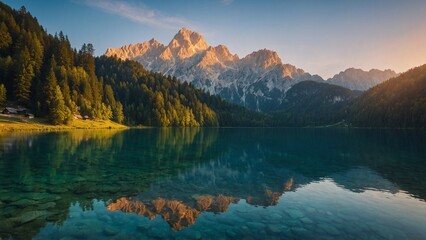 Calm morning view of Fusine lake. Colorful summer sunrise in Julian Alps with Mangart peak on background, Province of Udine, Italy, Europe. Beauty of nature concept background. 