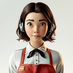 A friendly young woman in an apron and headset ready to assist customers at work