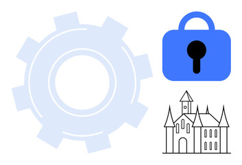 Gear, padlock, and castle. Ideal for security, engineering, technology medieval and protection themes. Simple minimal style