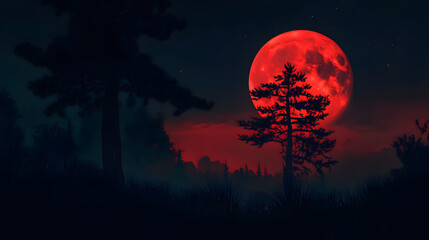 Fototapeta premium Full Red Moon Back Silhouette Branch Dry Tree: The full red moon silhouetted against a dry tree branch with a red night sky and clouds.