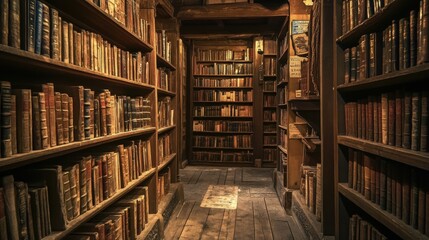 A Narrow Passageway Lined with Bookshelves Filled with Antique Books