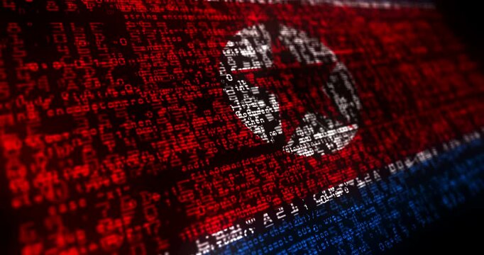 North Korea USA flag waving secure code. Korean blowing banner cyber security attack and hack concept animation.