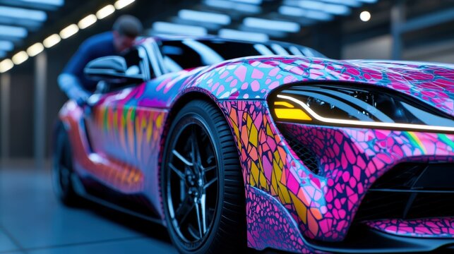Vibrant and colorful car with abstract pattern