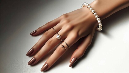 A close-up of an elegant female hand wearing a stylish pearl bracelet and minimalist rings, embodying luxury and sophistication, with a focus on manicured nails and delicate jewelry.

