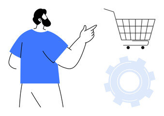 Shopping concept. A person points towards a shopping cart and gear symbolizing e-commerce integration and technical support. Ideal for online store themes, e-commerce platforms, technology