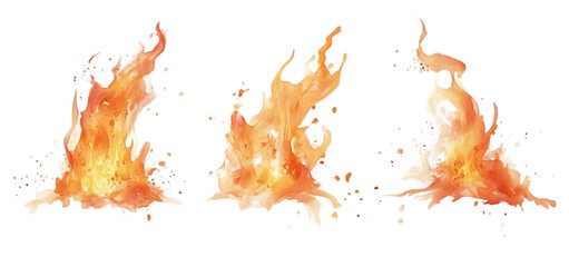 three set of fire flame isolated transparent background