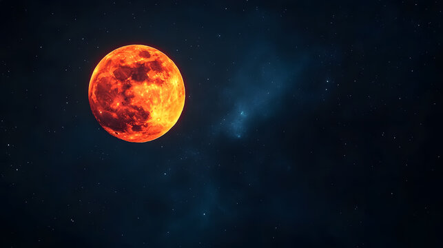 Full Red Moon Over Black Sky: The full red moon against a dark black sky, depicting the total lunar eclipse on July 27, 2018, with Mars causing the red hue.