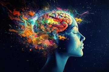 Obraz premium Creative mind, imagination, abstract art, brain, colorful explosion, profile silhouette A vivid representation of creativity with a colorful brain against a dark background