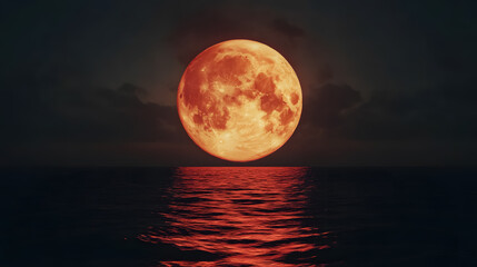 Full Red Moon Over Sea: The full red moon reflecting over the sea.