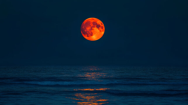 Full Red Moon Over Sea: The full red moon reflecting over the sea.