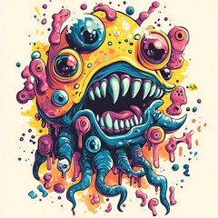 A colorful, cartoonish monster with multiple eyes and sharp teeth, set against a white background with splattered paint.
