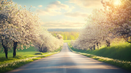 Fototapeta premium scenic view of a countryside road lined with blossoming trees, creating a picturesque spring landscape under a bright sky