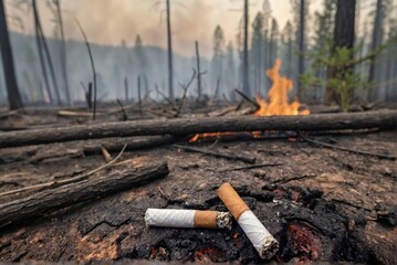Close-up of a cigarette against the burnt forest or wildfire background with copy space.