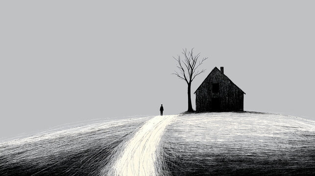 Lonely man walking on path approaching house in minimalist illustration