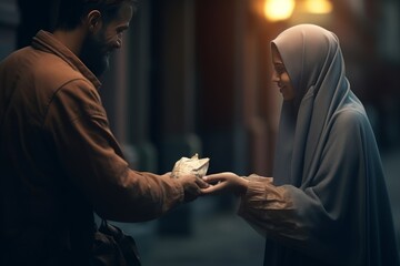 Bearded man giving away food to a poor muslim woman with veil on the street. Concept of Ramadan, solidarity and sharing food and helping poor people.