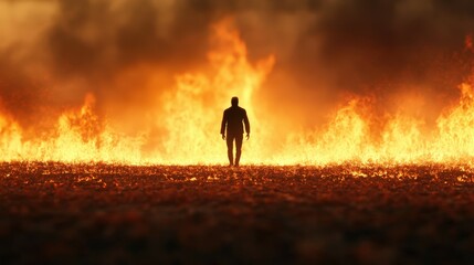Fototapeta premium silhouette of person standing in front of raging fire
