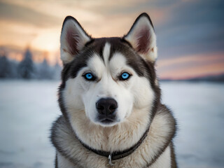 Fototapeta premium A sleek and majestic Siberian Husky, its fluffy white fur contrasting beautifully against the pristine backdrop