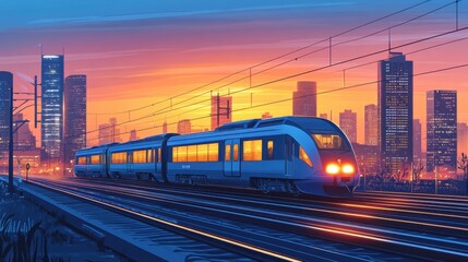 Fototapeta premium High-Speed Train Going Through Urban Landscape at Sunset with Illuminated Windows