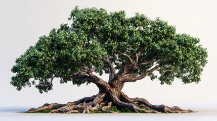 Large tree with an expansive green canopy and thick, tangled roots, cut out and centered against a plain background