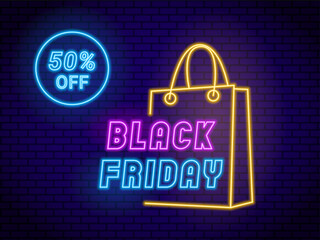 Neon Black Friday background featuring 50 percent discount. Vector illustration or promotional designs, retail sales and eye-catching advertising campaigns