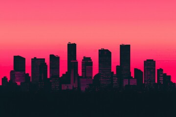 Fototapeta premium A vibrant city skyline silhouette against a pink and purple sunset background, showcasing modern architecture and an urban atmosphere.